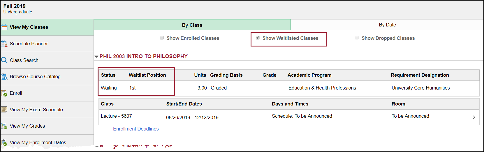 screenshot highlighting show waitlisted classes check box and waitlist status and position info